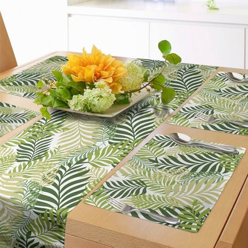ABAKUHAUS Blatt Tischläufer & 4 Stück Tischsets, Tropische Exotische Palme Verlässt Natürliche Botanische Frühlings Sommer Grafik, Tischdeko-Set, 180 x 40 cm, Grün Ecru