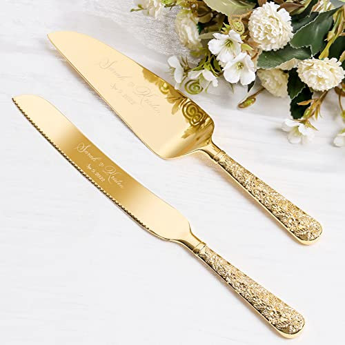TUKDAK Juego de Cuchillo y Servidor para Pastel de Bodas de Oro, Personalizado Conjunto de Corte de Pastel, Juego de Cortador de Pastel para Servir, Perfecto para Cumpleaños, Navidad, Fiestas (Flor)