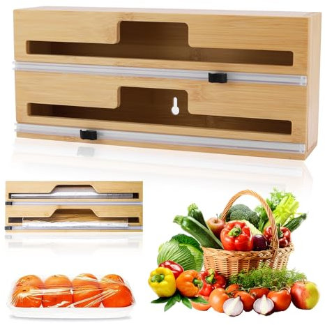 Foil and Cling Film Dispenser and Cutter, Compatible with 30cm Wide Rolls, Kitchen Wrap Oraganizer for Cling Film Tin Foil Parchment Paper Kitchen Wrap Organiser Made of Bamboo Material, Durability