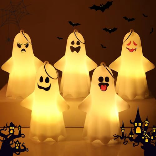Anyingkai 5 Stück Halloween Lichterketten Geist,Halloween Deko Lichterkette,Halloween Deko Licht,Hängende Geister mit Lichterketten,Geister Lichterkette für halloween deko outdoor Innen Gärten Party