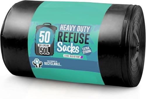 50 Pack, 50L Black Heavy Duty Extra Strong Refuse Sacks, Recyclable Bin Bags, Eco-Friendly, Sustainable and Waste Disposal Bags for Household, Kitchen & Commercial Use