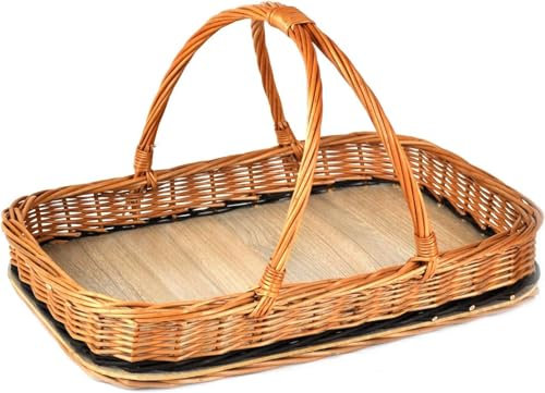 MyBer® Tablett Serviertablett Korb aus Weide für Obst Brot Gebäck Weidentablett Weidenkorb Tragekorb Tragetablett B/T/H 45/30/8cm(23cm mit Henkel) braun Handarbeit K2-136-N