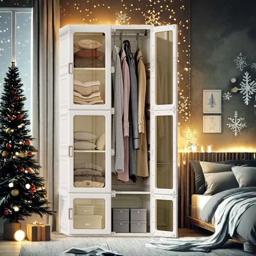 BLSYHDH Weißer Kleiderschrank, faltbar, mit Regalen, Aufbewahrungsschrank mit Kleiderstange, für Kleidung, Schuhe, Spielzeug, Regale für das Schlafzimmer (Glastür)