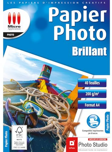 Micro Application - Papier Photo Finition Brillante - Format A4 - Pack Économique - Grammage 200 g/m² - Compatible pour impressions jet d'encre - 40 Feuilles