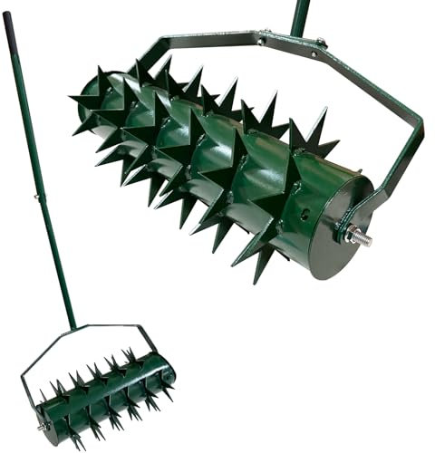 Aérateur pour pelouse, aérateur de pelouse à rouleau, rouleau à gazon manuel avec poignée, clous de 5 cm et protection contre les éclaboussures, scarificateur manuel roulant pour cours et jardins