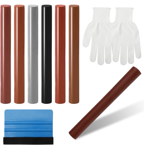 6Pcs Laminat Reparaturset Grau, Holzkorrekturstift Wachsfüllstäbe für Holzreparatur Parkett Laminatboden Beheizbar Reparaturstift mit Blauer Schaber Zum Ausbessern Schäden und Kratzern auf Holzböden