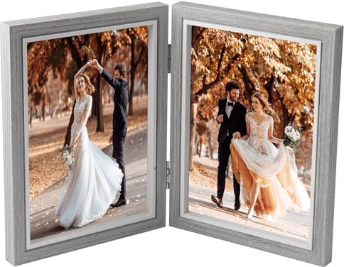 TESSTSY Doppelter Bilderrahmen Faltbar 2 Fotos, 13x18 cm Klappbarer Bilderrahmen Aus Holz, Klappbarer Fotorahmen mit Glasscheibe, für Hochzeit, Familie (Grau)
