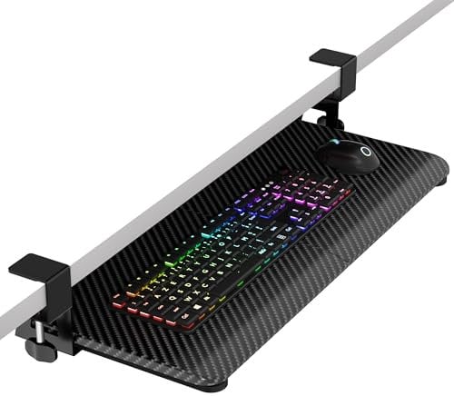 ERGOMAKER Tastaturablage, tastaturauszug untertischmontage mit C-Klemmhalterung, ergonomische Tastaturablage zum Tippen 650x300 mm, Büro und Zuhause(Schwarze Kohlefaser)