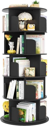 iSunirm 5-stöckiges drehbares Bücherregal, drehbarer Bücherregalturm aus Holz, rundes, um 360 Grad drehbares Bücherregal, Eck-Organizer für kleine Räume, Schlafzimmer, Büro, Schwarz