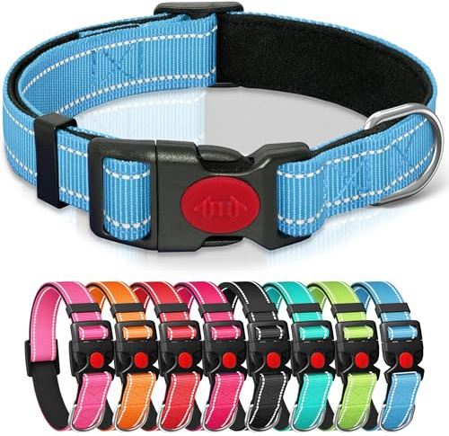 Reflective Nylon Dog Collar with Safety Buckle, S/M/L | Adjustable, Soft Neoprene Padding, 360° High Visibility, Quick Release, Lightweight, for Dogs Walking