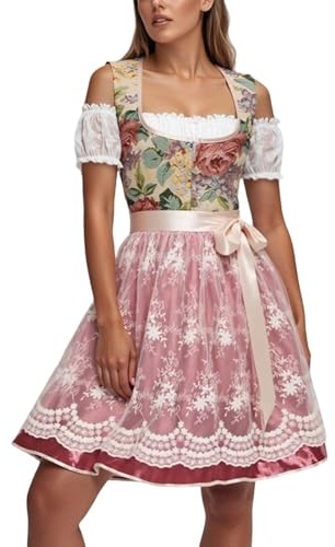 Costume Dirndl élégant en dentelle pour Halloween, bal masqué, festival, spectacle, robe de soirée 2025, rose, M
