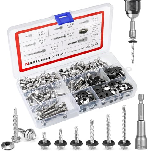 Nadisean 120 Stk Selbstschneidende Schrauben mit Dichtung, Steckschlussel | 410 Edelstahl Blechschrauben mit Dichtung, Trapezblechschrauben Spenglerschrauben M4.8 * 13/16/19/25/32/38mm für Blechdach