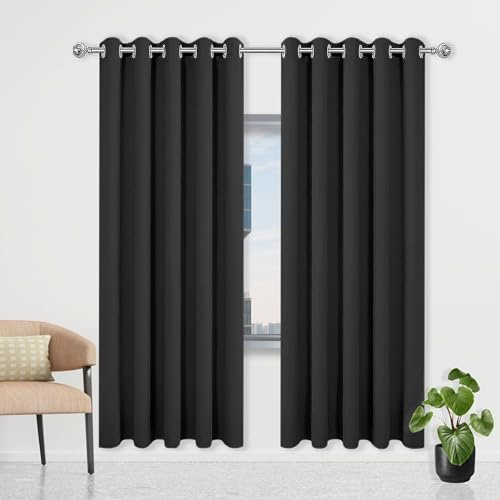 CHENGTT Gardinen Blickdicht 112 x 190 cm Thermo Vorhang Gegen Kälte Und Hitze Vorhang Verdunkelung Blackout mit Ösen, Waschbar für Büros Wohnzimmer Schlafzimmer, Schwarz
