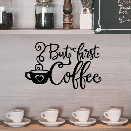 But First Coffee Sign, Black Metal Coffee Wall Art Decor, Hanging Coffee Bar Sign with Coffee Cup and Beans, 35x18cm Coffee Signs Kitchen Decoration for Home Coffee Station Shop Corner Accessories