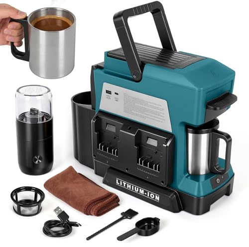 Akku-Kaffeemaschine für Bosch Professional 18V System GBA/GBA ProCORE AMPShare 18V Batte, Tragbare Filterkaffeemaschine mit Elektrischer Kaffeemühle und Kaffeetasse, für Camping, Reisen und Wohnmobile