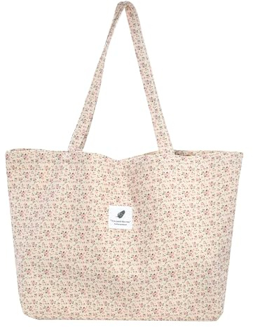 TeeYee Women's Corduroy Tote Bag Large 3 Snaps Shopper Floral Shoulder Bag Leisure Handbag pinkflowerL