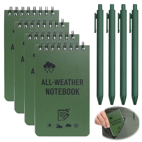 Zynqo 4 Pack Mini Waterproof Notebook, 3x5in Pocket Notepads with 4Kraft Paper Pens All-Weather Memo Pads Military Mini Notebook 50 Page with Top-Spiral for Office, Outdoors, School (Green)