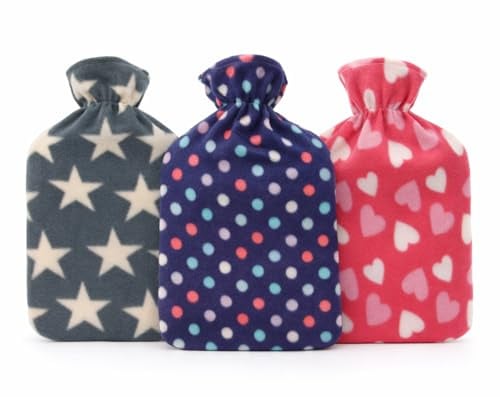 Cassandra Fleece Hot Water Bottle with Cover – Soft Plush Fabric, Heart, Star & Spot Designs, Natural Rubber Bottle Included (Designs May Vary)