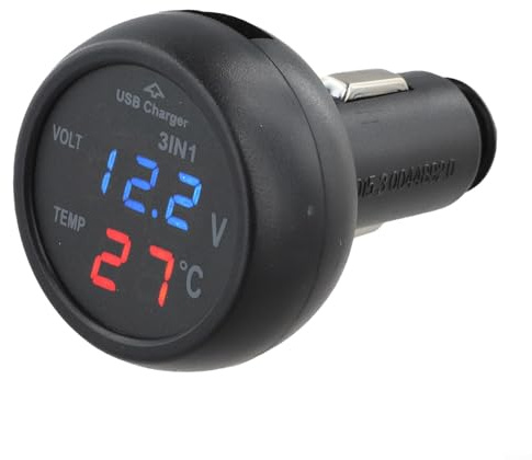 Digitales LED-Auto-Voltmeter plus Thermometer für 12 V 24 V Systeme, Echtzeit-Spannungs- und Temperaturanzeige, Monitorgerät, Schwarz (Rot / Blau)