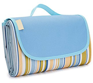 Triponeer Extra große Outdoor-Picknickdecke, 150 x 200 cm, faltbar, tropisches Blumenmuster, wasserdicht, handlich, bunte Strandmatte für Familienreisen, Camping, Wandern, Gras (blaue Streifen2)