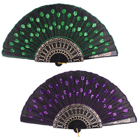 Morices 2 Pcs Sequin Folding Fans, Elegant Embroidered Flower Peacock Pattern Handheld Fan, Decorative Hand Fans for Dancing Wedding Party Favors Gift Wall Hanging Decoration (Green + Purple)