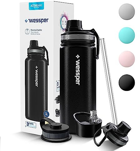 Wessper Edelstahl Trinkflasche 500ml Auslaufsicher Thermosflasche BPA-Frei mit 3 Deckel | Schwarz Elegante Trinkflasche Sport | Isolierflasche Kinder Erwachsene für Camping Fahrrad Sport Outdoor