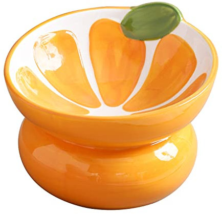 Yeexoxow Ceramic Raised/Elevated Cat Food Bowl for Indoor Cats, Anti Vomiting & Protect Pet's Spine, Cute Fruit Themed Tilted Cat Dish for Flat Faced Cats and Kitten (Orange Shaped)