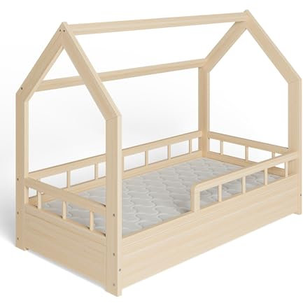 ms factory Hausbett mit Matratze Kinderbett 70x140 cm mit Rausfallschutz und Lattenrost - Einzelbett aus Kiefernholz für Mädchen und Junge - Natur Farblos