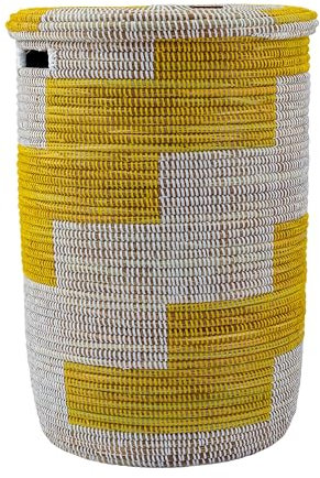 YAADU Wäschekorb mit Deckel 80L – Großer Wäschesammler mit Deckel, Geflochtene Wäschetonne, Boho Wäschekorb mit Henkeln, Wäschebehälter für Schmutzwäsche, Modell Bowal (Gelb-Flach)