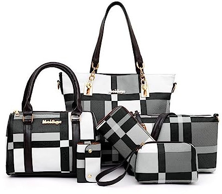 AlwaySky Damen 6pcs Tote Geldbörse Handtaschen Set PU Leder Top-Griff Crossbody Tasche Kupplung Geldbörse Schlüsselhalter Schwarz