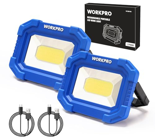 WORKPRO LED Work Light, Rechargeable Magnetic Work Lights with Stand, Portable 2000LM COB Flood Light for Camping, Fishing, Car Repair, Job Site Lighting, Hiking, 4 Modes, 2 Pack