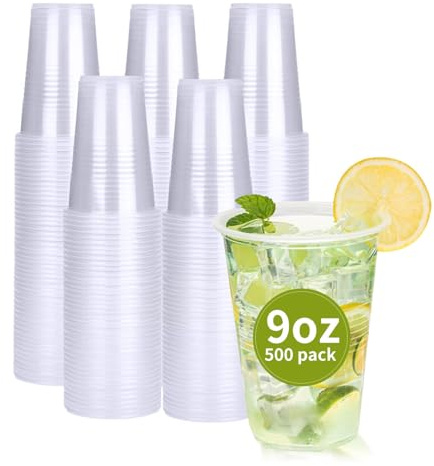 RACETOP 500 Pack 9 oz Plastic Cups, Clear Disposable Plastic Cups Bulk, Cold Drinking Party Cup, Transparent for Wedding, Thanksgiving, Christmas, Party