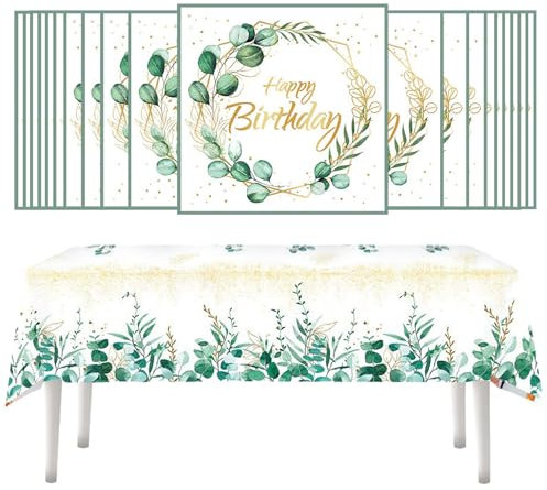 21 Stück 33 * 33cm Eukalyptus Servietten Geburtstag Set, 130 * 220CM Grüne Tischdecken Happy Birthday für Deko Tischdeko, Servietten Happy Birthday um Eukalyptus Weiß für Deko Geburtstag, Themenparty