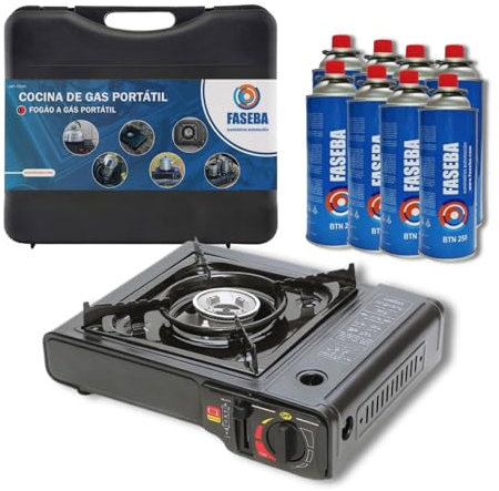 Hornillo de camping portátil con maletín de transporte e incluye 8 cartuchos de gas butano BTN 250. Cocina de gas adaptada y homologada, ideal para camping y exteriores.