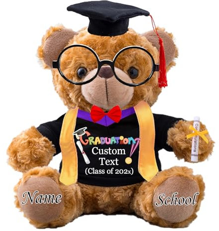 JABECODIFA Graduation Teddy Bear 2024 with Graduation Stole and Glasses, Personalised Graduation Gifts for Him & Her with Text, Bear with Bow as College Graduation Gift for Girls/Boy (8 IN-Text)