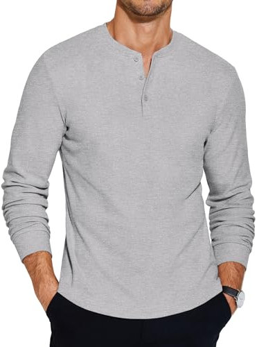 COOFANDY Mens Henley T Shirts Long Sleeve Grandad T Button Full Sleeve T Shirts Men Winter Shirt for Men UK Grey L