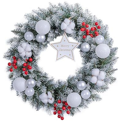 JYCRA Ghirlande Natalizie da 40 Cm per Porta D'ingresso, Ghirlanda Natalizia Bianca Floccata per Porta con Palline Ornamenti Bacche di Pignas per la Stanza di Natale (non luminoso)