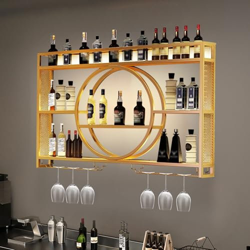 HXRAXINWN Floating Wall Shelves,Wall Mounted Wine Rack, Wine Storage Display Rack Kitchen Wall Shelves with Wine Glass Holder, 3-Tier Liquor Shelf Alcohol Home Bar Unit Storage Cocktail Cabinet A 140