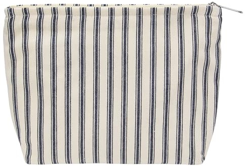 PAZIMIIK Makeup Bag Large Cotton Zipper Pouch for Purse Travel Canvas Make Up Organizer for Women Cosmetic,Vintage Stripe Navy Blue