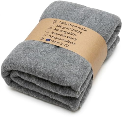 Wool & Home Merino Wolldecke 240x200 cm – Kuscheldecke aus 100% Merinowolle, Einfarbig Grau – Gewicht 500 g/m² – Atmungsaktiv und Langlebig
