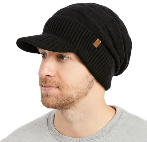 TOP-EX PolarWool™ 100% Merino Wolle Slouchy Strickmütze mit Schirm Fleece Gefüttert Warme Wintermütze Herren Damen Große Köpfe Schwarz M/L Skifahren Wandern Outdoor