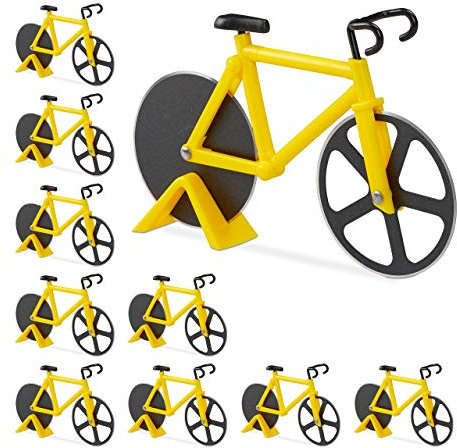 Relaxdays Pack de 10 Cortadores de Pizza Bicicleta, Acero Inoxidable, Amarillo, 11,5 x 18 x 3 cm