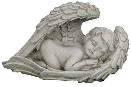 Steinfigur im Flügel schlafender Engel, Gartenfigur, 25 cm lang