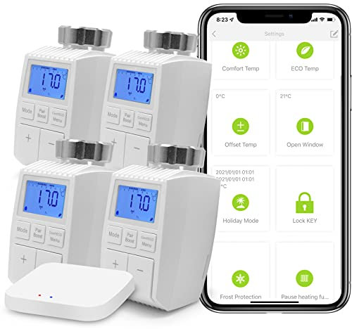 BSEED Smart Home 4er Pack Wifi Thermostat Heizung mit Zigbee Hub Heizkörperthermostat ECO Heizkosten sparen Heizkörperthermostatventil Alexa Google Home Tuya kompatibel LCD-Display ohne Batterien