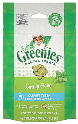 Greenies Cat Treats, Feline Veterinarian-Recommended Adult Natural Dental Treats, Catnip Flavor, 2.1 oz. Pouch