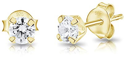 DTPsilver® boucles d'oreilles femme argent 925 - MINI/Petits/Moyens Clous Puces d'oreilles Plaqué Or Jaune et Oxyde de Zirconium Ronds - Diamètre: 4 mm - Blanc/Clair CZ