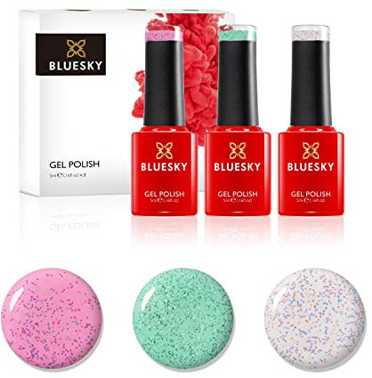 Bluesky Gel Polish, Gel Nagellack Set, Powder Sprinkles. Sprinkles Sr24, Marine Sr11, Pink Kisses 63908. 3 x 5 ml Weis, Glitzer, Nudefarben, Pastel