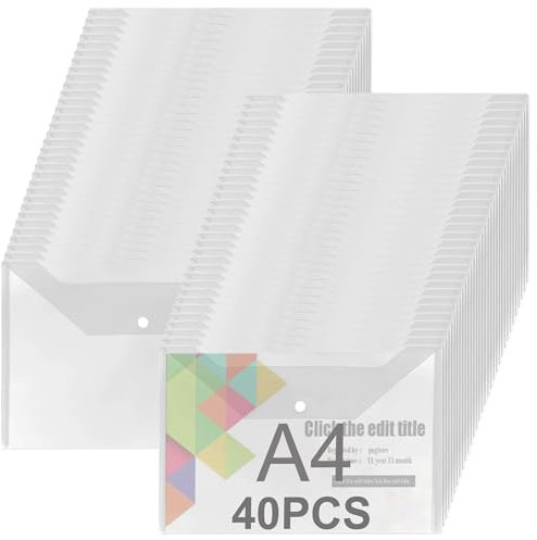 ASelected Lot de 40 Pochette Plastique Document A4, Pochettes Classeur en Plastique A4 Transparente, Porte Document, Chemise Plastiques Transparents - 235×320MM