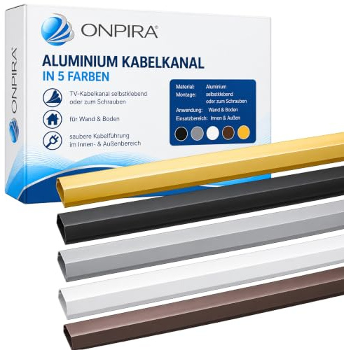 Onpira® Aluminium Kabelkanal in 5 Farben – TV-Kabelkanal selbstklebend oder zum Schrauben – für Wand & Boden – saubere Kabelführung im Innen- & Außenbereich (50x1100mm, Braun Selbstklebend: Nein)