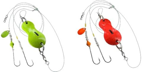 blntackle76 Set 2 Stück Buttlöffel von Jenzi Plattfisch Blinker montiert 60 Gramm Gelb und 80 Gramm Orange Glitzer + gratis Petri Heil! Aufkleber